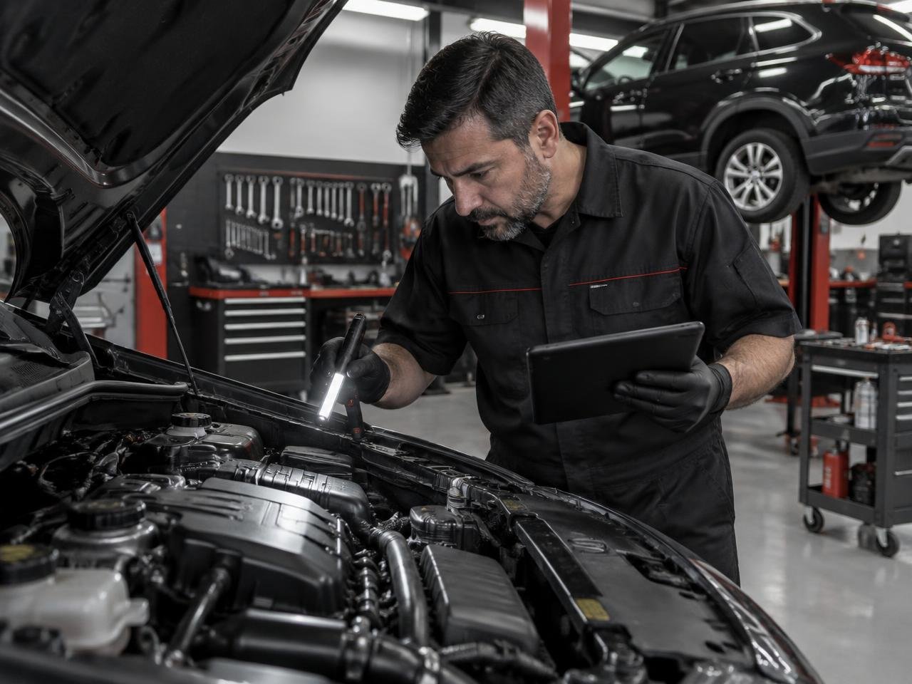 Profissional realizando uma avaliação preventiva no motor